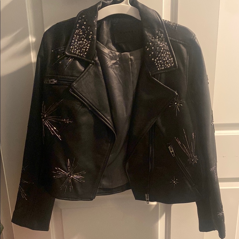 Blank NYC Black Leather Motorcycle Jacket with Studded Lapel